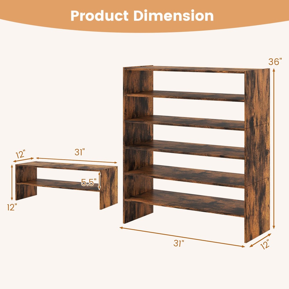 3 PCS Stackable Shoe Rack 31-Inch Horizontal Organizer 2-tier StorageShelf Brown