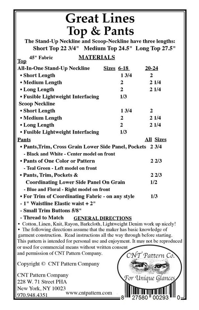 Great Lines Top & Pants Pattern by Karen Nye