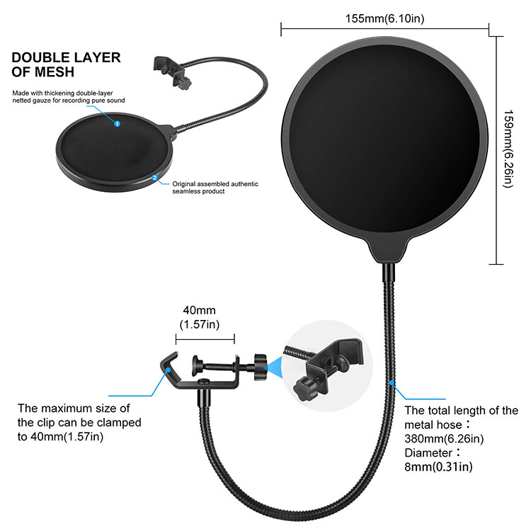 Boytone BT-27ST Upgraded Microphone Pop Filter Mask Shield, Double Layered