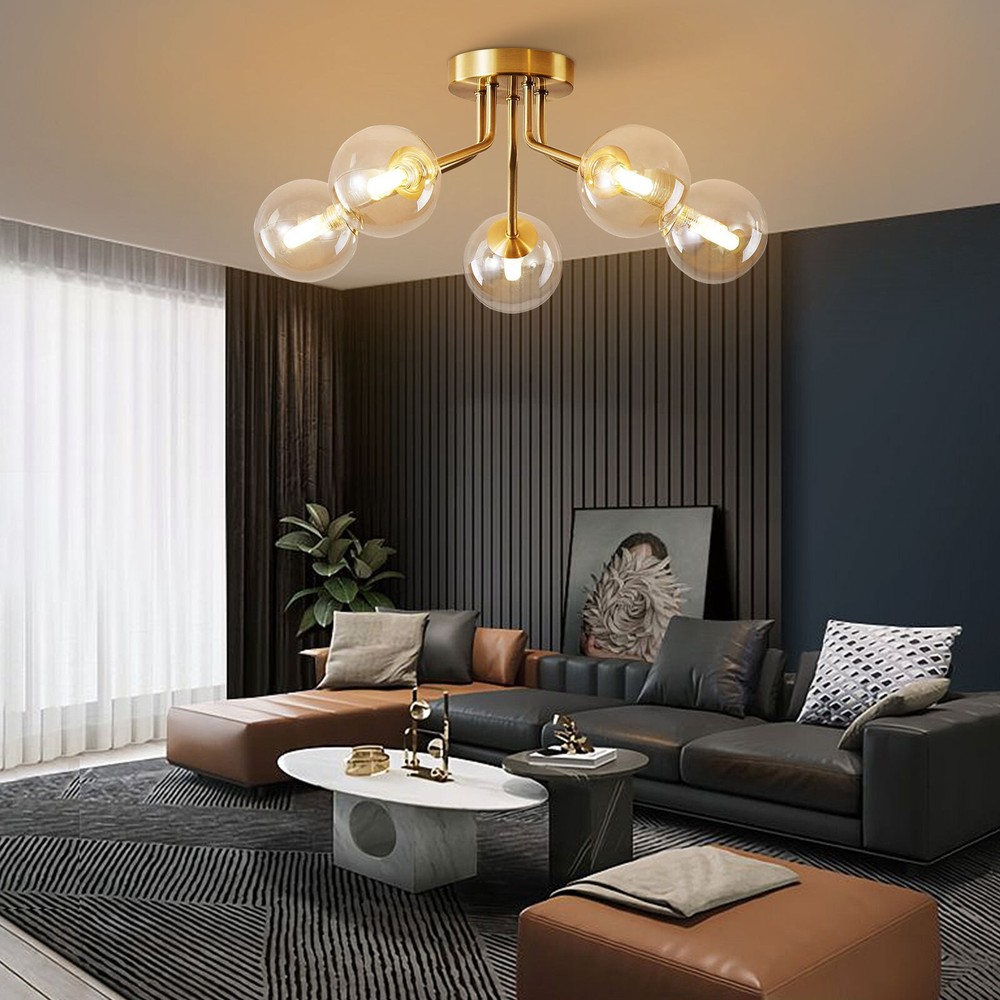 Sputnik Light Fixture Gold Flush,5 Lights Semi Flush Mount Ceiling Light Globe