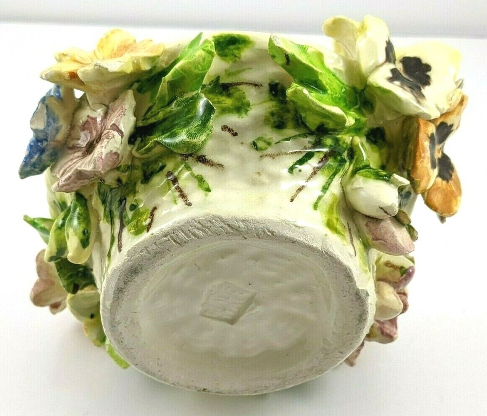 Vintage Ceramic Flowered Basket Braided Handle Italy