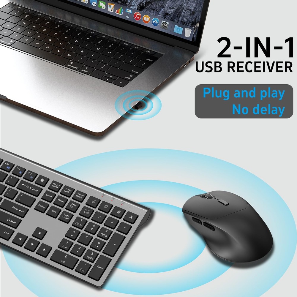 Wireless Keyboard And Mouse Combo FullSize Slim Numeric Keypad Ergonomic