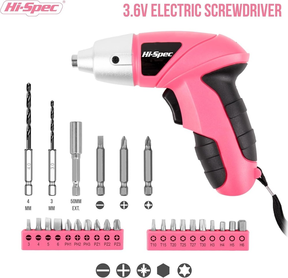 USB Rechargeable Pink Electric Screwdriver with 27 Driver Bits for DIY Projects