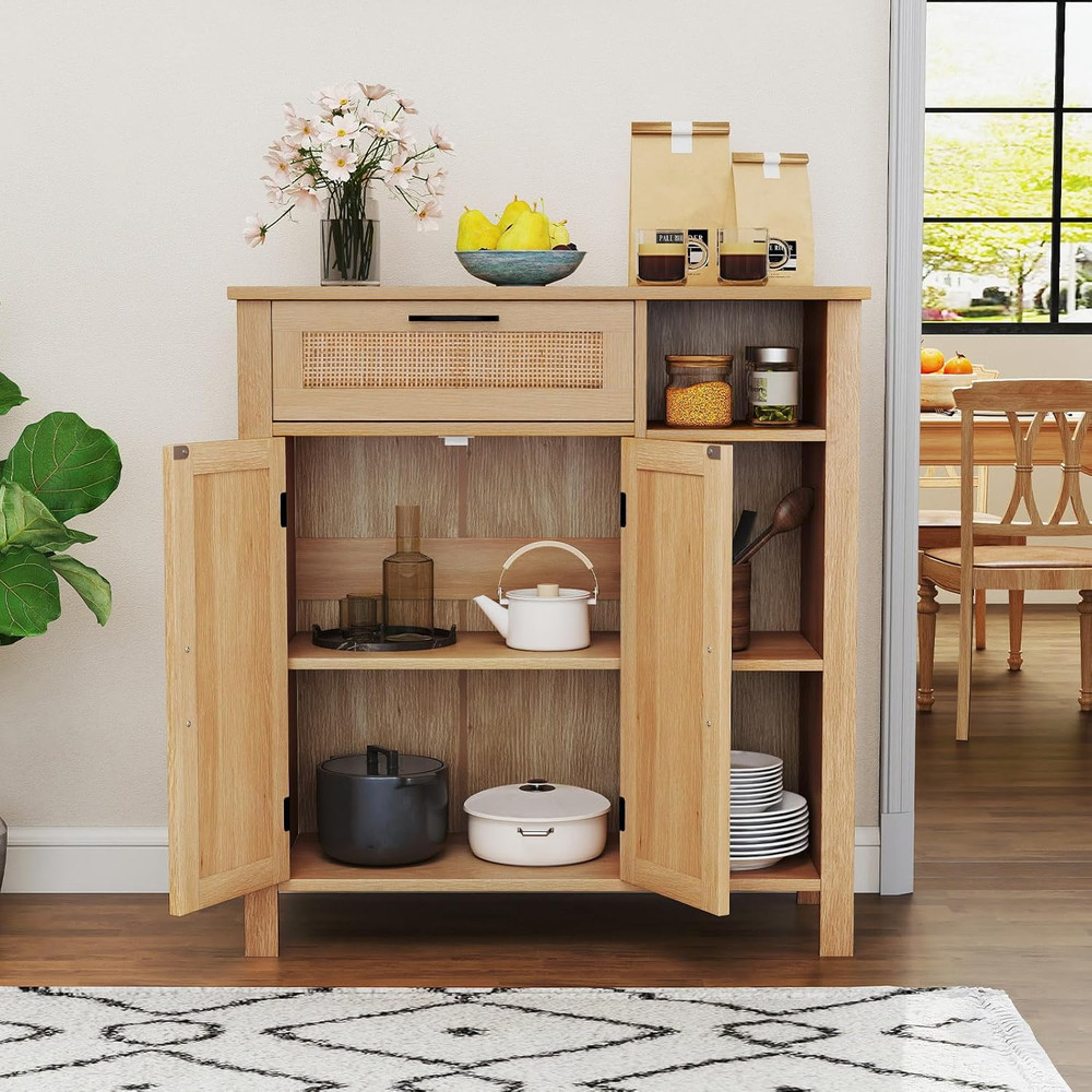 Buffet Cabinet with Storage, Boho Rattan Sideboard with 2 Doors, Drawer, 3 Open