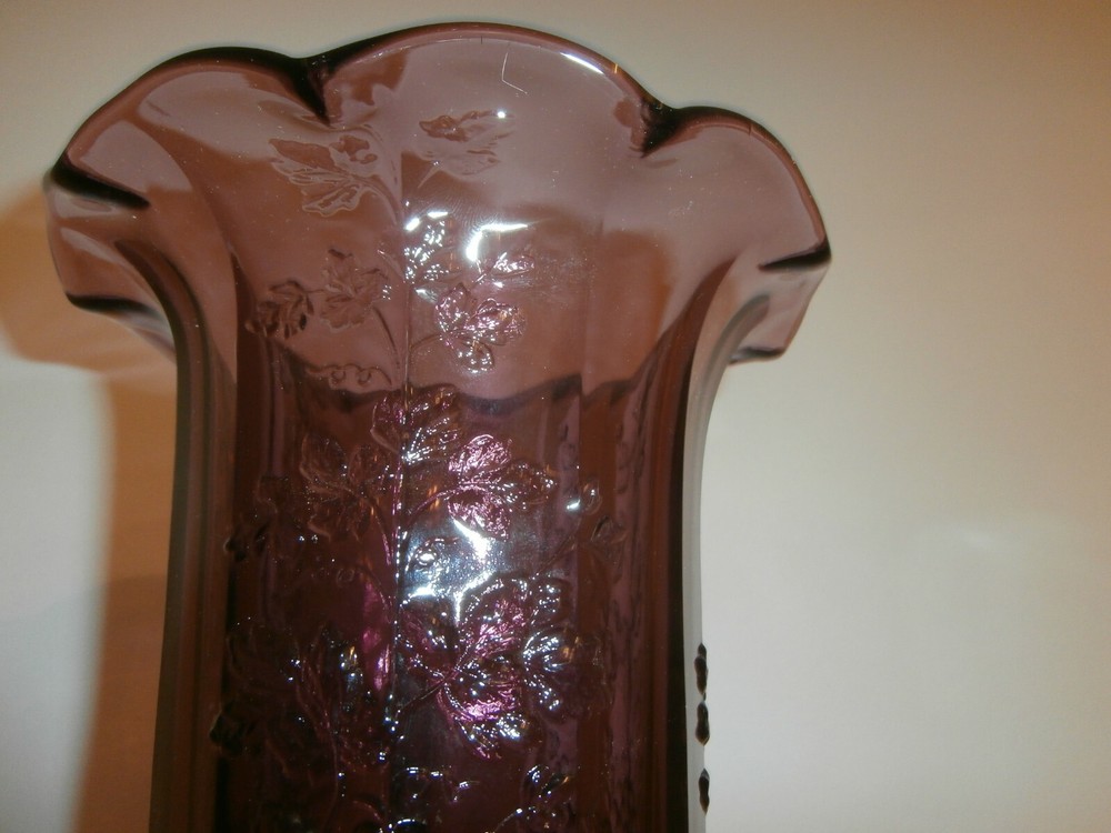 Purple Glass Grape Pattern Vase Mosser 8" tall