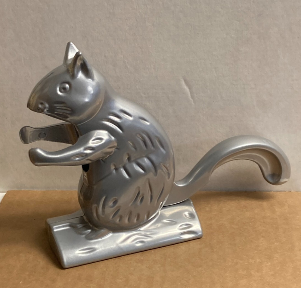 Cast Aluminum Metal Nutty Squirrel Nutcracker Silver Tabletop