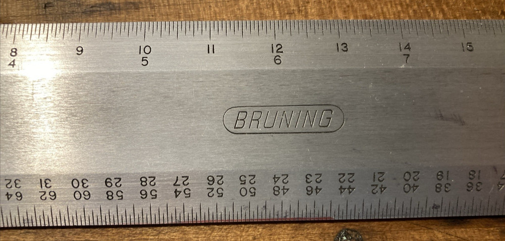 Vintage 12" Bruning Metal Drafting Ruler - attachments on back