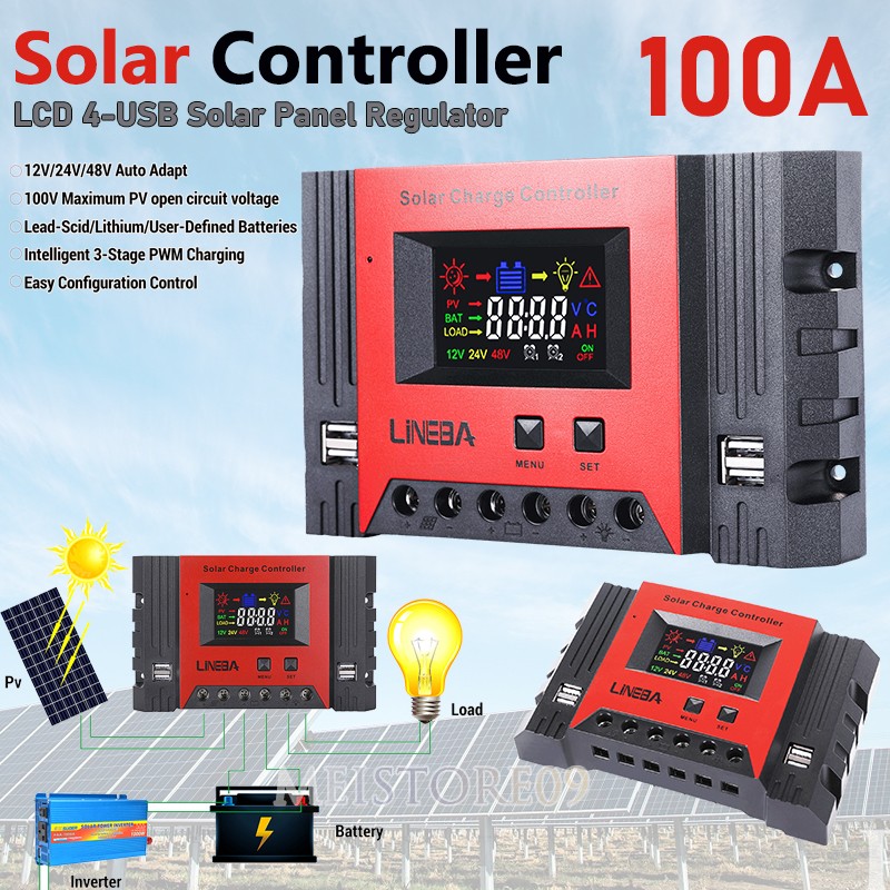 100A PWM Solar Panel Charge Controller 12/24/48V Auto LCD Display 4USB Timer Set