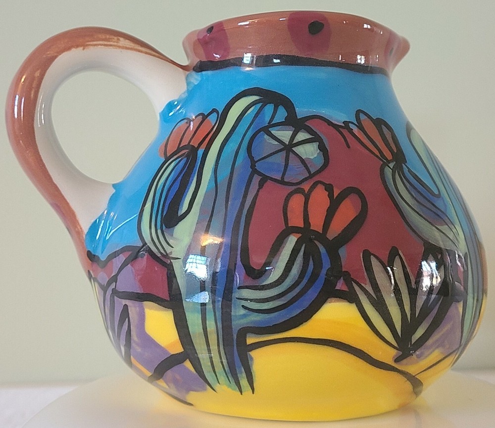 Southwest Saguaro Cactus Hand-Painted Pottery Pitcher