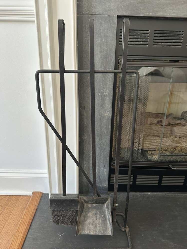 Vintage MCM Iron Modern Fireplace Tool Set Black