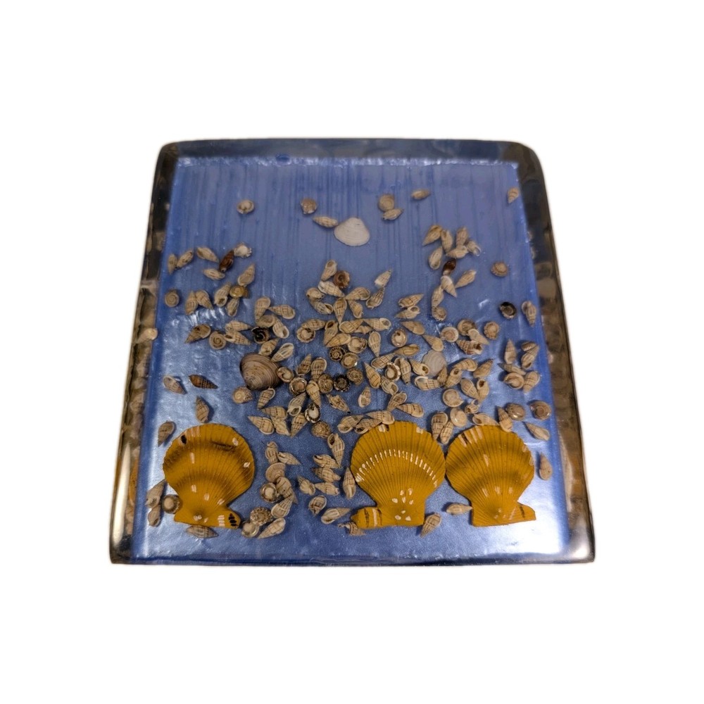 Blue Acrilic Shell Tissue Box Cover. Marbleizing W Fan & Periwinkle Shells Beach