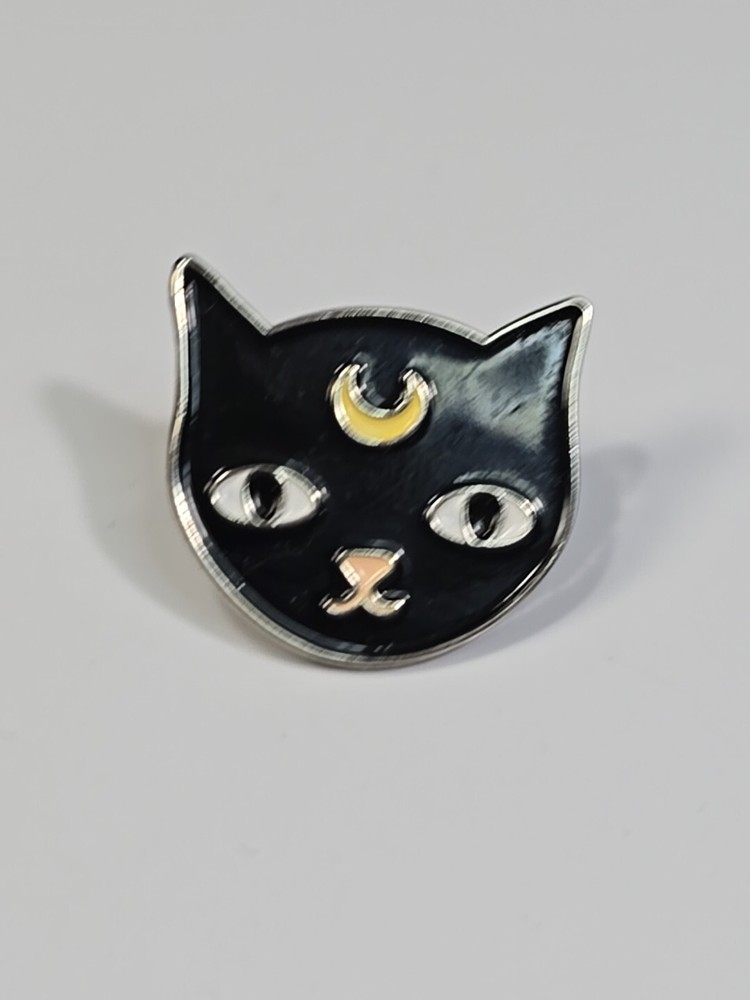 Black Cat Face With Half Moon Lapel Pin