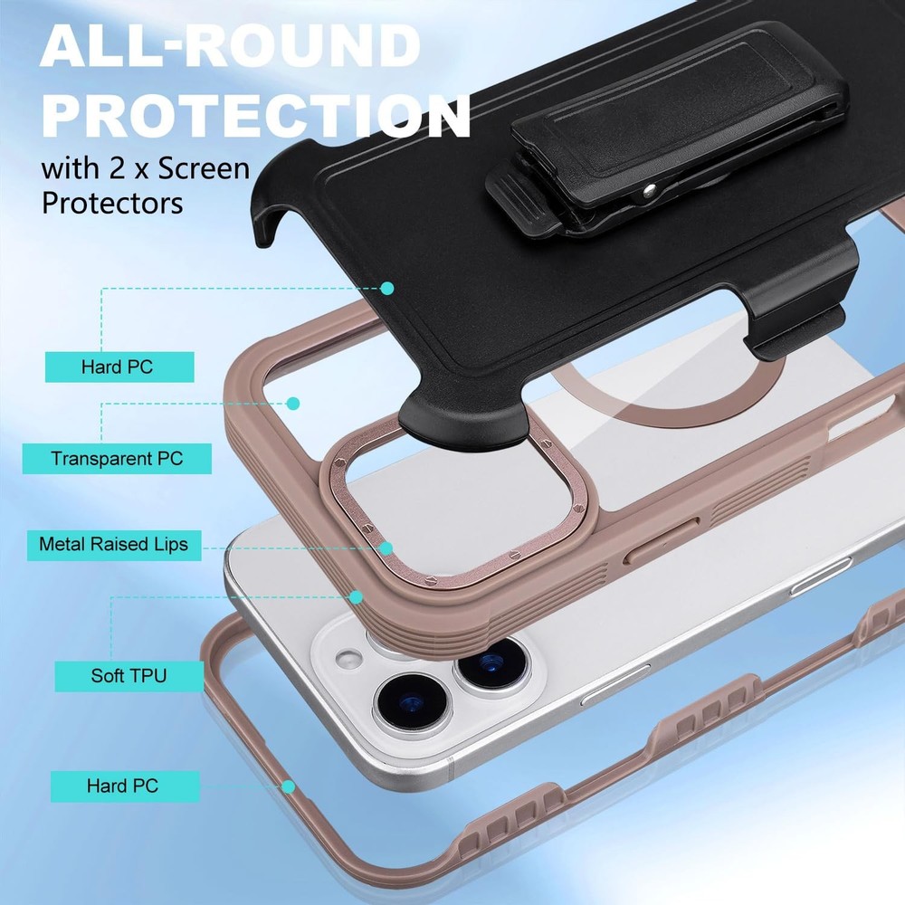 for Clear iPhone 16 Pro Max Case with Belt Clip Holster + 2 Screen Protectors, C