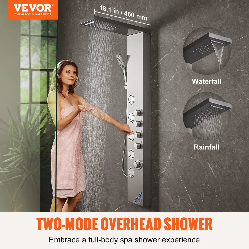VEVOR Shower Panel Tower System Stainless Steel 4 Modes Rainfall Waterfall Jets