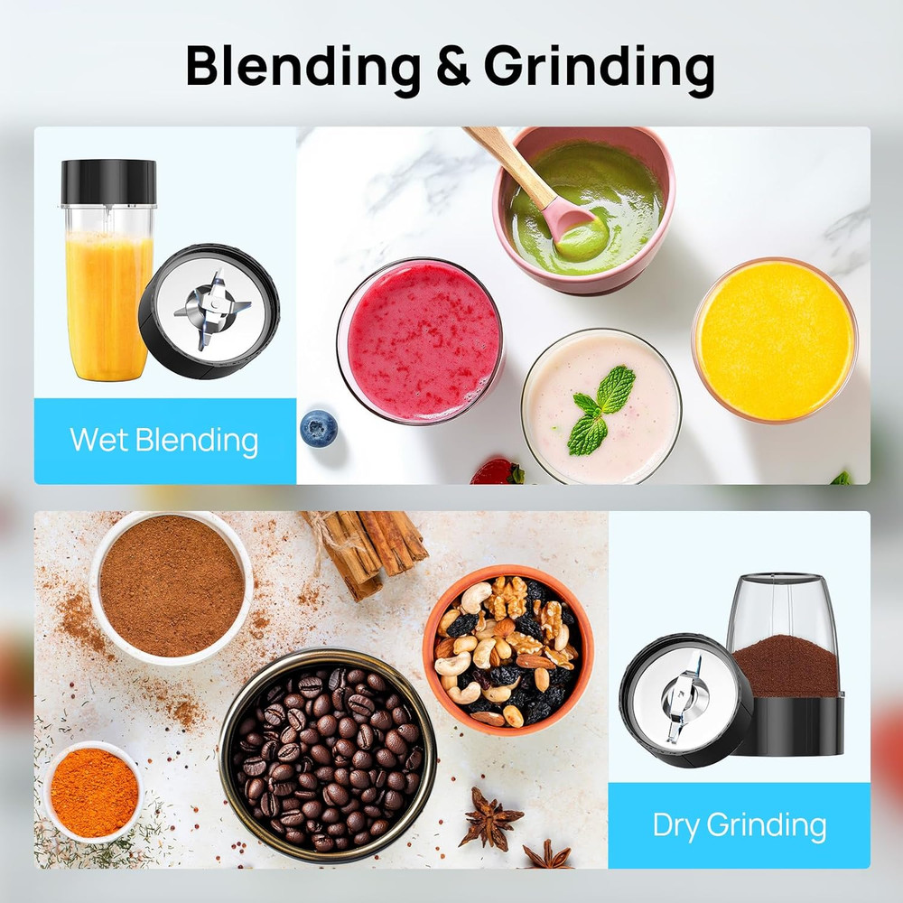 CB08 16-Piece Blender & Grinder Combo for Kitchen and Personal Size, Blend Shake