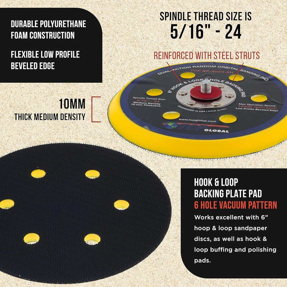 TCP Global 6" Hook & Loop DA Sander & Polisher Backing Plate Pad, 6 Hole...