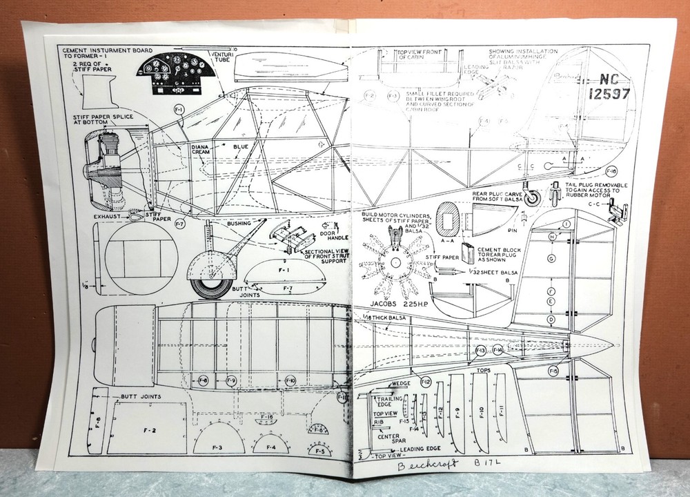 BEECHCRAFT MODEL B17L BALSA FREE FLIGHT MODEL AIRPLANE PLANS 18" WINGSPAN