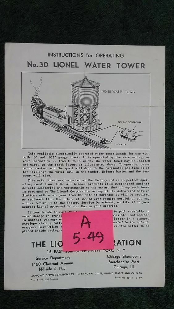 LIONEL # 30 WATER TOWER INSTRUCTIONS ORIGINAL