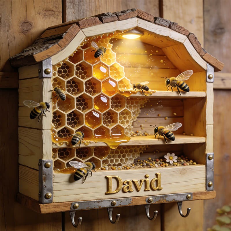 Personalized Bee Hive Key Holder, Honeycomb Wall Hook Rack Rustic Gift