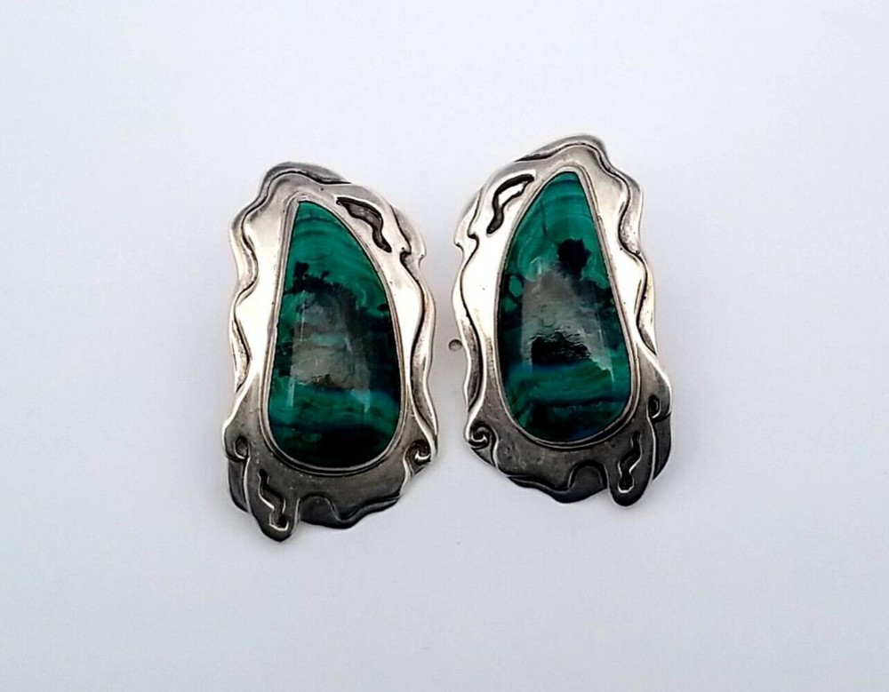 Native American Malachite Sterling Silver Drop Stud Earrings 20.5 Grams