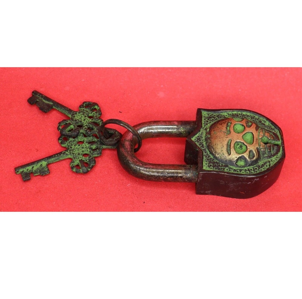 Devil Face Engraved Lock Antique Style Brass Handcrafted Padlock & Working Keys