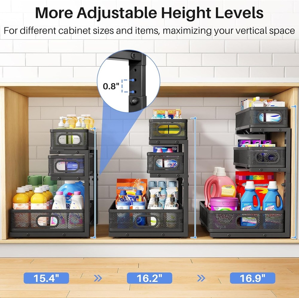 Under Sink Organizer 2-Pack 3-Tier Thickened Metal Pull out Cabinet Organizer