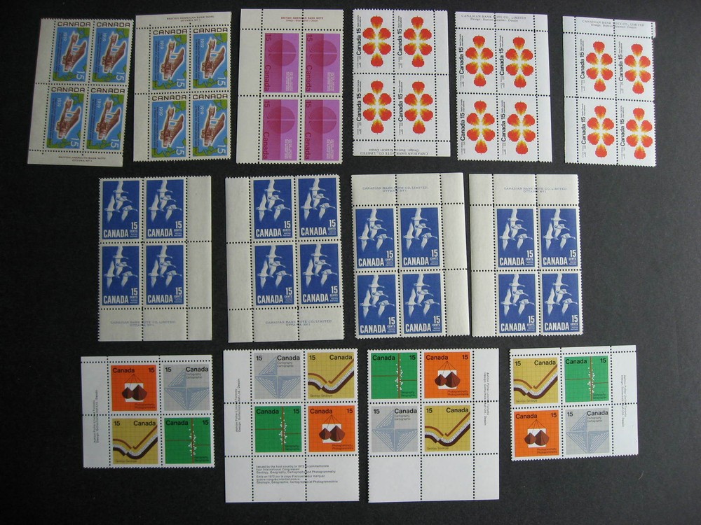 Canada 14 different better MNH 15c plate blocks, different positions count