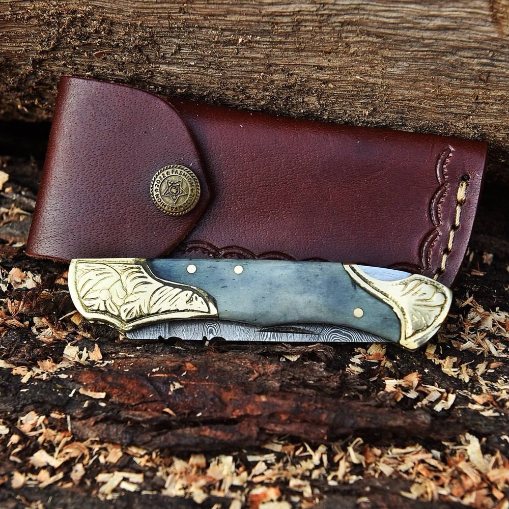 Damascus Folding Blade Pocket Knife Original Camel Bone Handle Engraved Brass