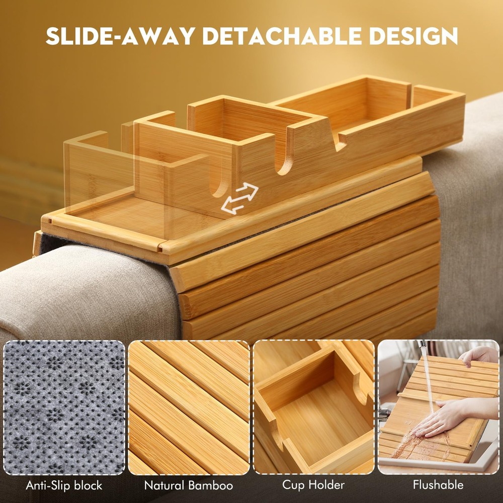 Bamboo Couch Arm Tray with Detachable Cup Holder - Foldable, Anti-Fall Design