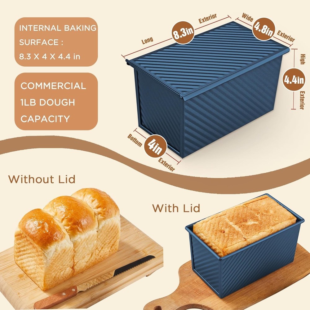 Pullman Loaf Pan with Lid, 1 lb Dough Capacity Non-Stick Bakeware for Baking ...