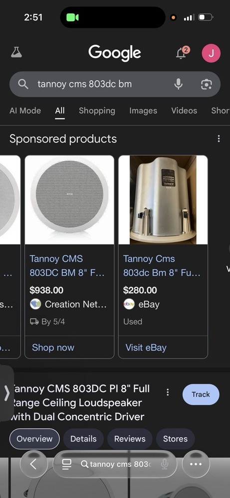 Tannoy CMS 803DC 8" Full Range Ceiling Loudspeaker