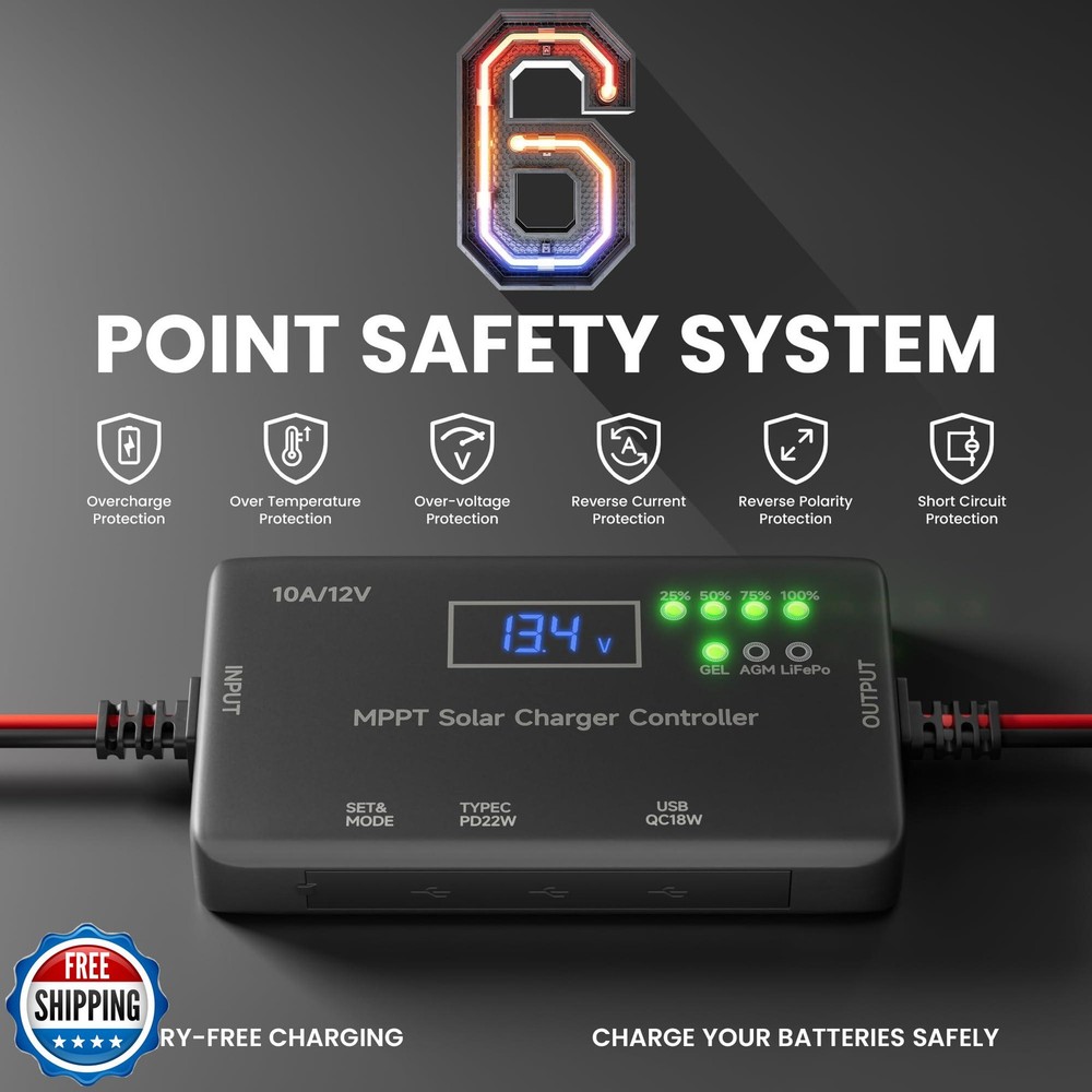 MPPT Solar Charge Controller 12V 10A, Solar Panel Charge Controller with Type