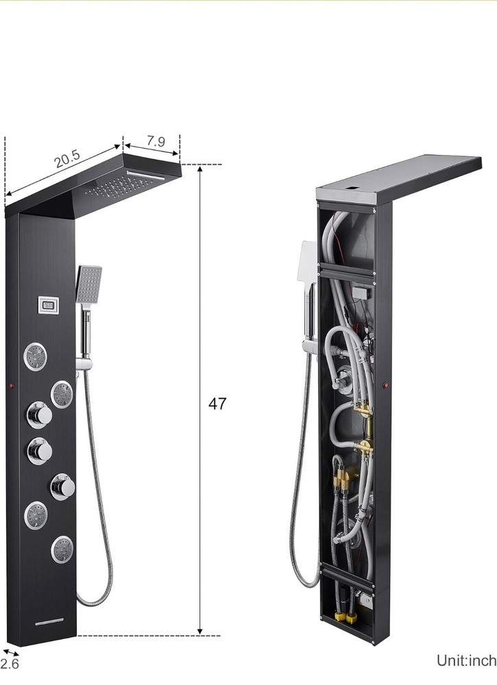 Shower Panel Tower led Black / Chrome 4 Jet, Rainfall, Handheld, 6 Function