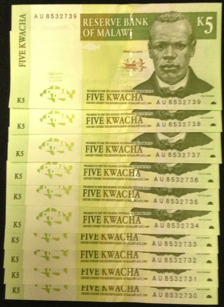 Ten Consecutive MALAWI (P36a) 5 Kwacha 1997 UNC's   A3