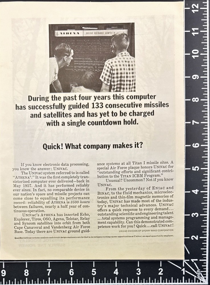 UNIVAC Athena Computer Space Program Vintage Print Ad 1963