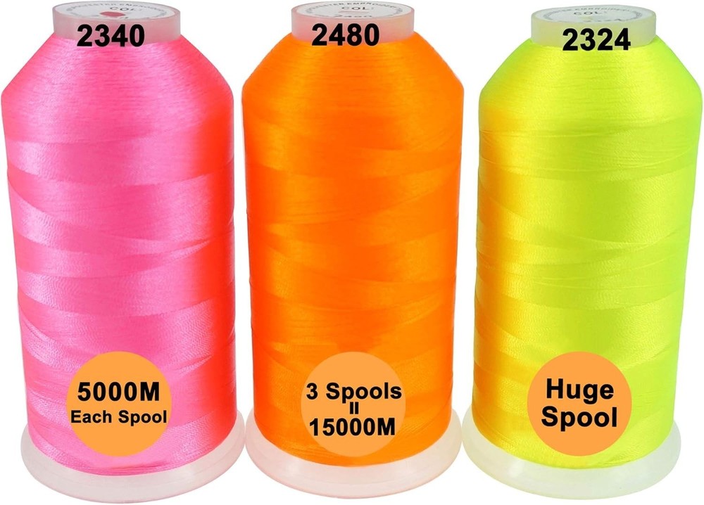 Durable Neon Polyester Embroidery Threads: 3 x 5000M Spools at Unmatched Prices