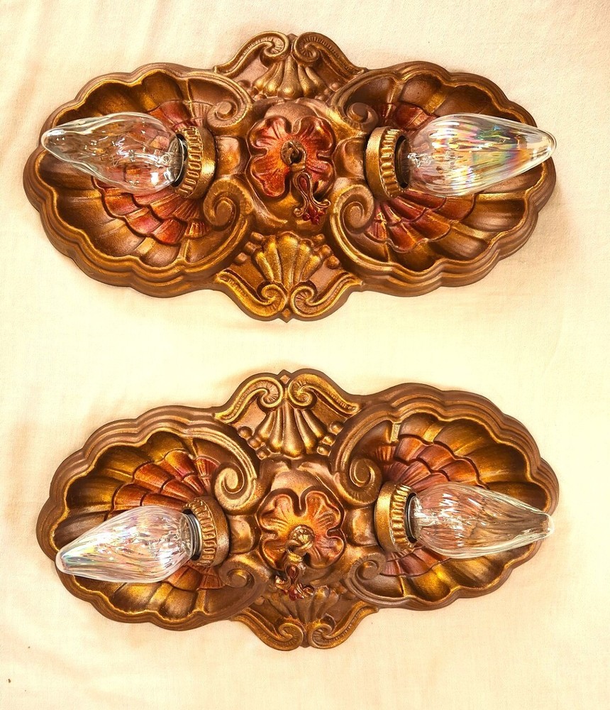 2 EA. ANTIQUE BRASS SHELL DESIGN CHANDELIERS FLUSH MOUNT CEILING FIXTURE 1930's