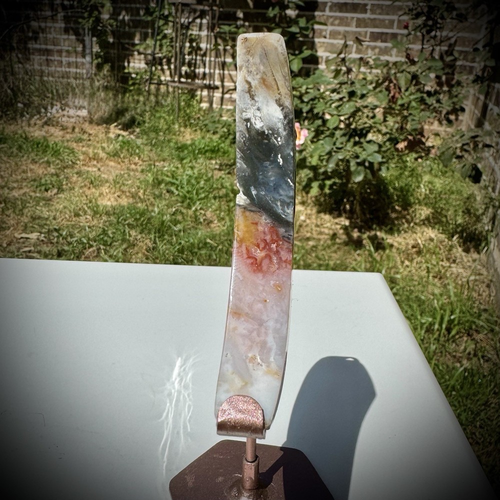 Rainbow Plume Agate Moon Crystal Carving on Stand 6”