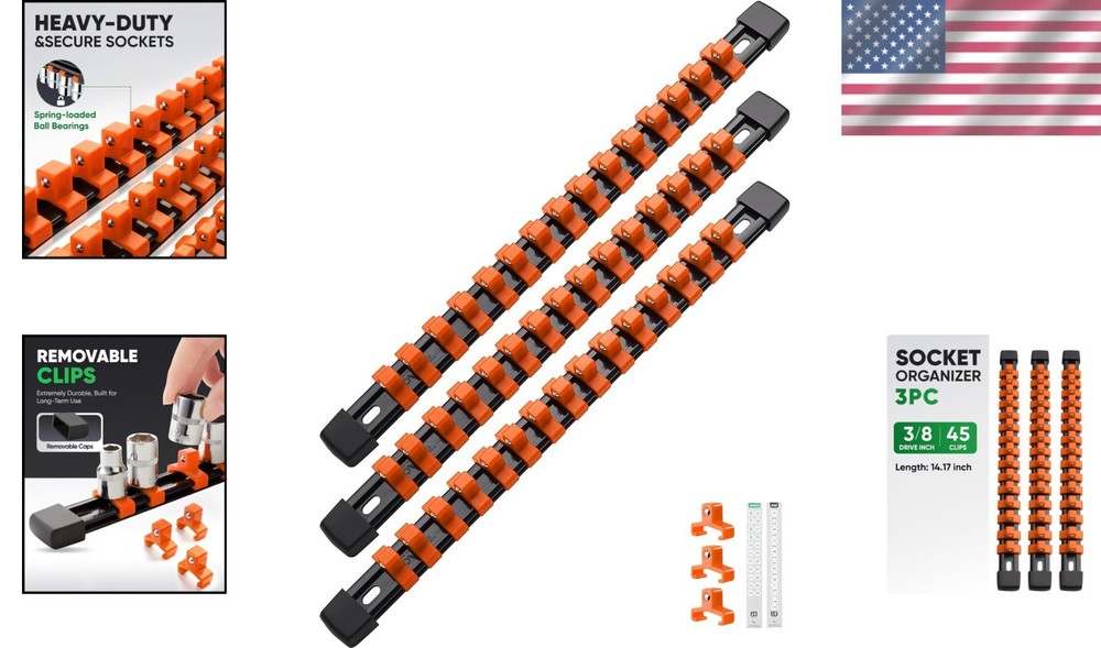 Heavy Duty 3PC ABS Socket Organizer - Holds 45 Sockets with Customizable Rails