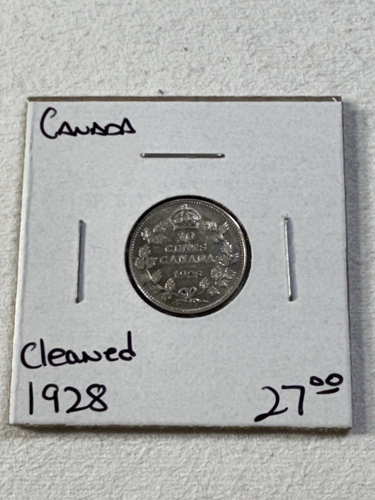 1928 Canada 10 Cents Silver Coin Cleaned