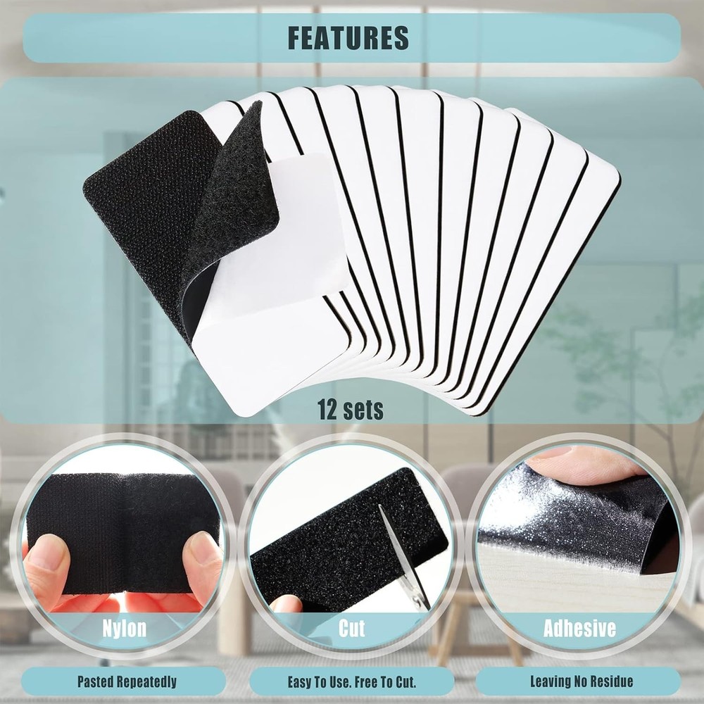 Versatile Black Hook and Loop Strips - 12 Sets for Strong Adhesive Applications