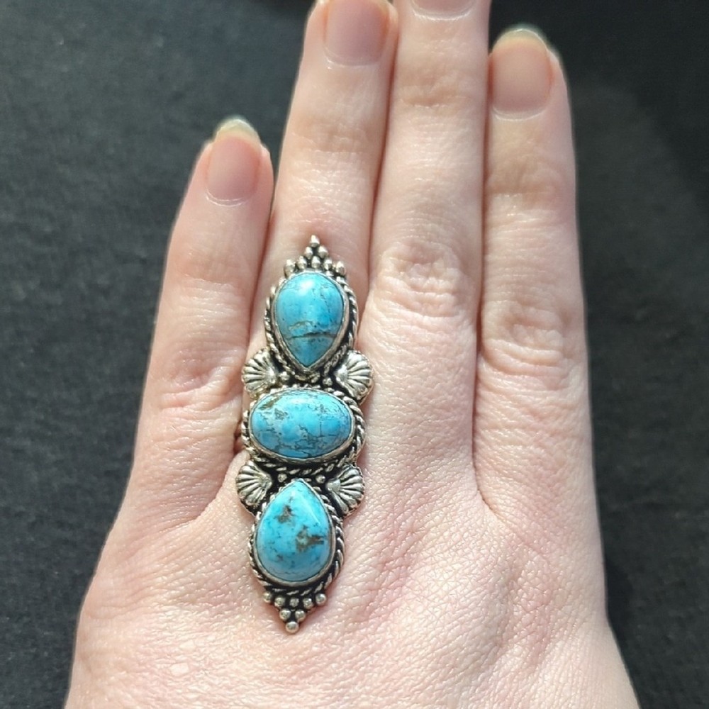 Silver Plated Chocolate Turquoise Gemstone Three Stone Statement Ring - size 6-9
