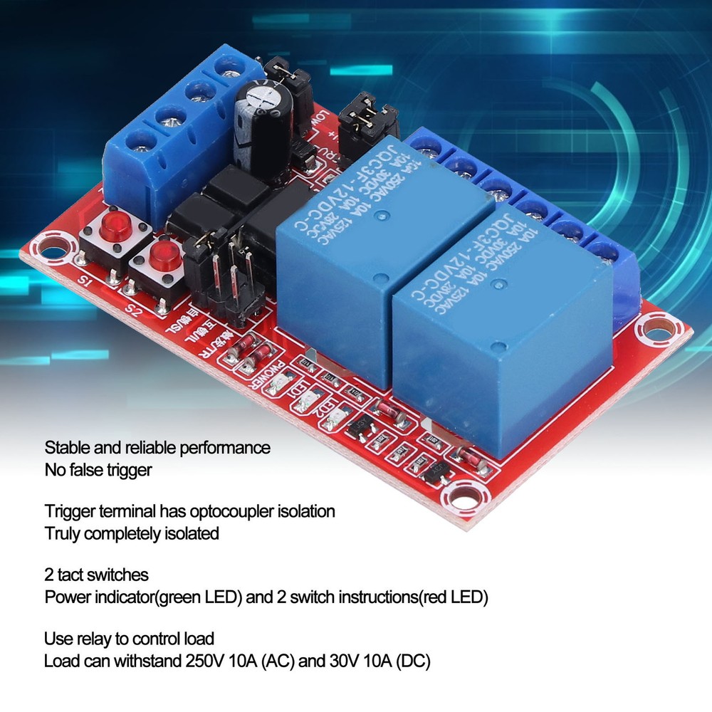 Relay Module 2 Channel Button Self-Locking Interlock High Low Level Trigger