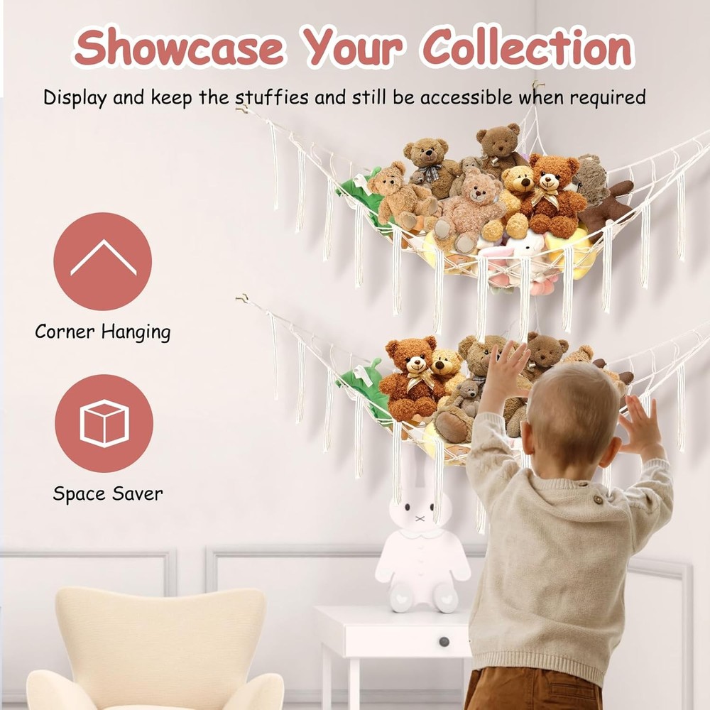 Large Stuffed Animal Storage Hammock Corner Beige Net