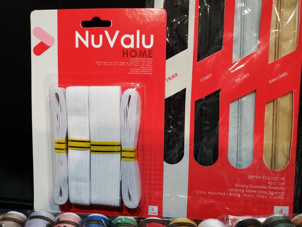 4 NuValu Sewing Items - Elastic, Zippers and Thread