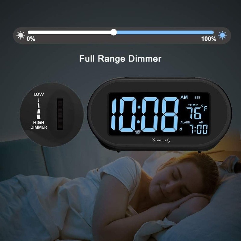 Auto Setting Alarm Clock W/ Dimmable Display USB Charging Dual Backup Battery