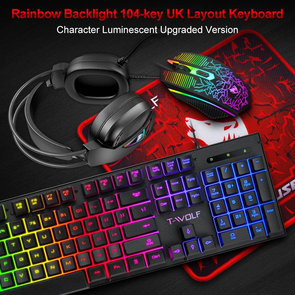 Rainbow LED Gaming Keyboard & Backlit Mouse & Headset Combo for Laptop PC Work