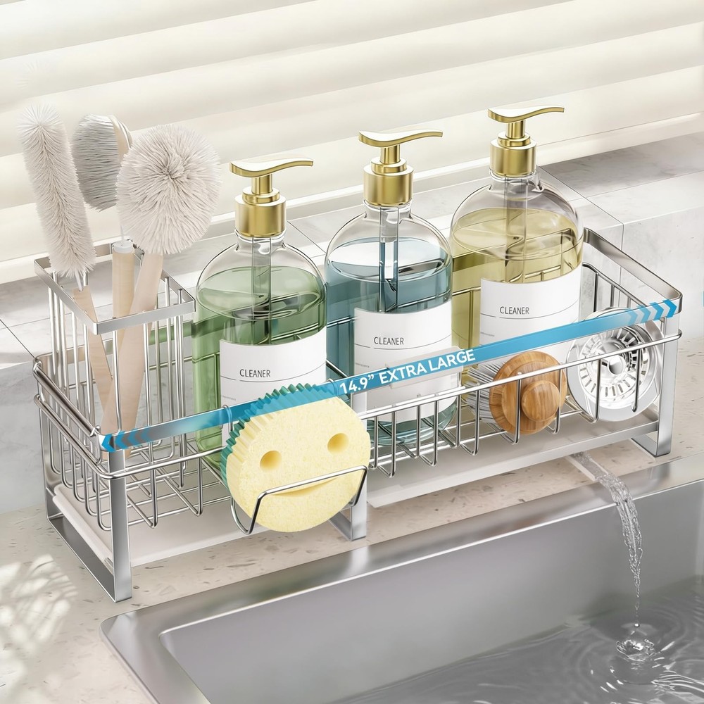 Aurblozen Extra Large Extendable Sponge Holder for Kitchen Sink, Rustproof Si...