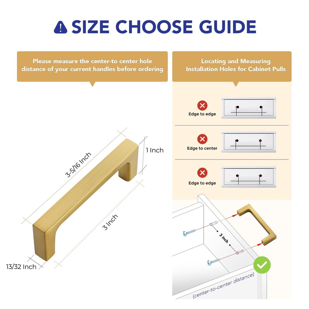 5 Pack Solid 3 Inch Square Cabinet Handles - Brushed Brass Drawer Pulls - Kit...
