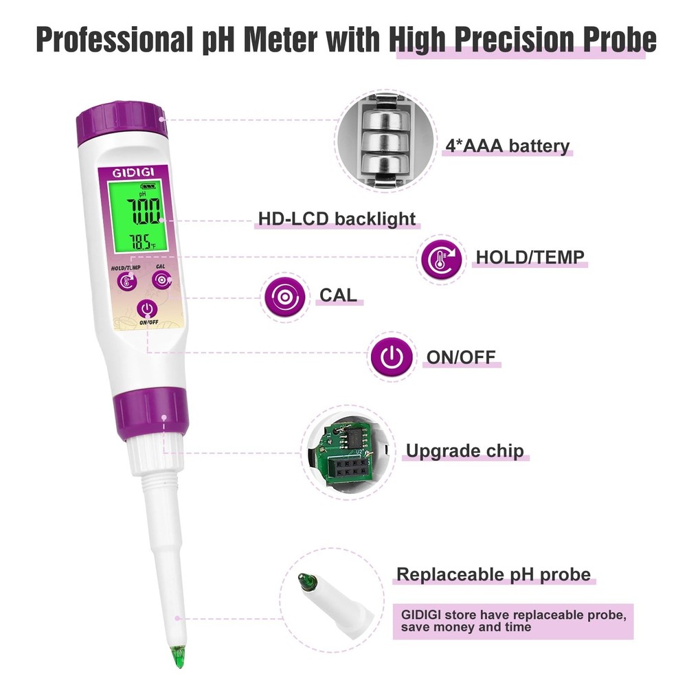 pH Meter Food Digital Electronic pH Tester for Fermentation 3*50ml pH Buffer ...